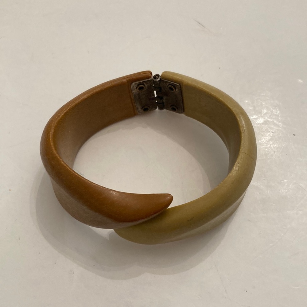 Vintage two tone wood style clamper cuff bracelet marked Hong Kong